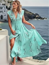 ieftine Rochii casual florale-rochie midi pentru femei boem cu decolteu în V broderie florală talie elastică șnur cu mânecă scurtă vacanță la plajă roz confortabil potrivire regulată îmbrăcăminte ocazională de vară
