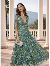 זול שמלות קוקטייל-גזרת A עד הריצפה באורך הקרסול שמלות קוקטייל אלגנטית וינטאג' פרחוני חצי שרוול צווארון V מסיבת חצר חתונה סאטן תחרה גב בדוגמת דרפה עם פרח רקום ריקמה אפליקציות