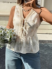cheap Lace Tops-Women's Shirt Blouse Lace Tops Sleeveless Shirt Lace Floral Stylish Classic Modern Sleeveless V Neck Regular Tops Daily Holiday Going out White Summer Spring