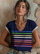 お買い得  ボヘミアンTシャツ-女性用 Tシャツ プリント グラフィック 幾何学模様 ボヘミア ヴィンテージ カジュアル 半袖 Ｖネック レギュラートップス 日常 ネイビーブルー ライトグレー グレー 夏 春