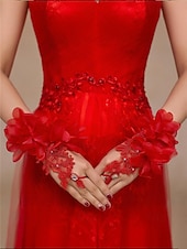 billiga Bröllop ACC-brudhandskar för kvinnor, polyestermaterial, flerfärgade, kronbladsblommönster med strassdetaljer, eleganta spetshandskar perfekta för bröllop, fester och speciella evenemang