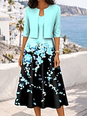 baratos Vestido Floral-Mulheres conjunto de vestido Vestido A Line Elegante Casual Floral Gráfico Multi Camadas Imprimir Vestido midi Meia Manga Decote V Diário Azul Rosa Roxo Verão Primavera Normal