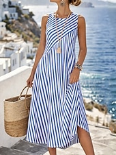 cheap Stripe&amp;Geometric Dress-Women's Midi Dress A Line Dress Vacation Casual Outdoor Going out Loose Fit Stripe Sleeveless Crewneck Blue Summer Spring