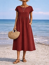 preiswerte Wesentliche Falsche Kleider-Damen Midikleid A Linie Kleid Sommerkleid Lässig Täglich Lässiger Schnitt Einfach Kurzarm Rundhalsausschnitt Blau Schwarz Weiß Rosa Sommer Frühling