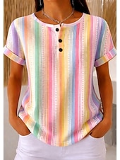 voordelige Kunst &amp; Design t-shirt-Dames Wafel Textuur Gebreide Tops T-Shirt Kleurblok Print Grafisch Geometrisch Stijlvol Klassiek Korte Mouw Crew Neck Ronde Hals Dagelijks Sporten Weekend Lichtbruin Rainbow Rood  Blauw Zomer Lente
