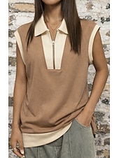  Women's T Shirt Tee Patchwork Zip Front Contrasting Colors Stylish Casual Short Sleeve Cap Sleeve Polo Collar Long Tops Daily Going out Brown Summer Spring