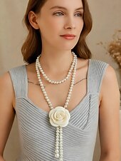 abordables Boda ACC-Collar de cadena para la cintura con perlas de imitación de camelia para mujer en blanco y negro, joyería elegante y versátil para bodas, fiestas nocturnas, para ir al trabajo y ocasiones formales.