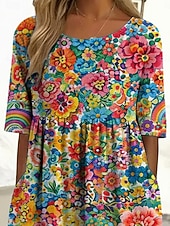 お買い得  花柄ドレス-女性用 ミディドレス カジュアルドレス プリントドレス ファッション アウトドア バケーション お出かけ ルーズフィット フラワー グラフィック 半袖 クルーネック ブルー ライトイエロー パープル グリーン 夏 春