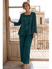 baratos Terninhos de calça da mamãe-Terninho Traje de 3 peças Longo Vestido Para Mãe dos Noivos Sem Manga Scoop pescoço Elegante Convidado do casamento Chiffon Renda Embrulho incluido com Lantejoulas