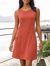 cheap Plain Dress-Women's Midi Faux Cotton Linen  Dress Shift Dress Summer Dress Casual Daily Regular Fit Plain Sleeveless Crew Neck Blue Orange Green Summer