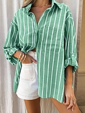 voordelige Strepen- en Geometrische Blouses-Dames Blouse Knop Afdrukken Gestreept Stijlvol Casual Lange mouw Overhemdkraag Normale tops Dagelijks blauw Blozend Roze Groen Zomer Lente Herfst