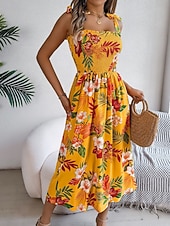 cheap Casual Floral Dresses-Women's Midi Dress Beach Dress A Line Dress Floral Dress Slip Dress Elegant Fashion Modern Outdoor Beach Vacation Regular Fit Floral Sleeveless Square Neck Blue Yellow Green Summer Spring