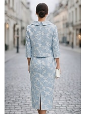 voordelige Jurkensets voor mama-Strak kolom Jurk pak Tot de enkel Feestjurk Cocktail jurk Bruiloft gast jurk Moeder van de bruid jurk 3/4 mouw Boothals Elegant Vintage Formeel Bruiloft gast Kentucky Derby Jacquard met Bloemenprint