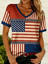  American Independence Day Women's T Shirt Tee Top Print Floral Graphic Graffiti Stylish Classic Casual Short Sleeve V Neck Regular Tops Daily Going out Weekend Blue Red Khaki Summer Spring