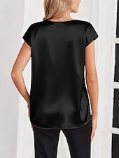 voordelige Effen t-shirt-Dames satijnen top T-shirt Effen Elegant Modieus Stijlvol Korte mouw V-hals Normale tops Dagelijks Uitgaan Weekend Champagne Goud Wijn Rood Koffie Zomer Lente