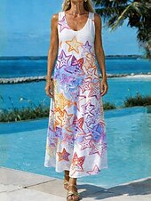 abordables Arte &amp; Diseño Vestidos-Mujer Vestido maxi Vestido de una línea Casual Diario Ajuste regular Floral Graphic Estrella Sin Mangas Escote en Pico Escote en U Blanco Verano Primavera