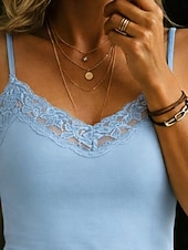 economico Top in Pizzo-Per donna Maglietta Top in pizzo Pizzo Patchwork Semplice Moda Elegante Classico Senza Maniche Scollo a V Top Regolari Quotidiano Uscire Weekend Blu Estate Primavera