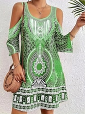 billige Boho-kjoler-Dame Mini kjole Boho-kjole Vintage kjole Uformell kjole Elegant Mote Moderne Feriereise Ut på byen Helg Normal Geometrisk Stamme Halvlange ermer V-hals Blå Lilla Brun Grønn Sommer Vår