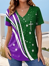 ieftine Ziua Independenței Top-Ziua Independenței Americane Pentru femei Tricou Imprimeu Grafic Steag Stilat Clasic Casual Manșon scurt În V Topuri obișnuite Zilnic Roșu-aprins Mov Trifoi Vară Primăvară