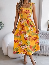 cheap Casual Floral Dresses-Women's Midi Dress Beach Dress A Line Dress Floral Dress Slip Dress Elegant Fashion Modern Outdoor Beach Vacation Regular Fit Floral Sleeveless Square Neck Blue Yellow Green Summer Spring