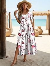 Χαμηλού Κόστους Floral φορέματα-γυναικείο φόρεμα μίντι μπλε και άσπρο λουλούδια διακοπές φόρεμα σε γραμμή α διακοπές casual παραλία αργία ραντεβού φαρδιά εφαρμογή φλοράλ γραφικό κοντομάνικο στρογγυλή λαιμόκοψη μπλε κίτρινο κόκκινο μωβ καλοκαίρι άνοιξη