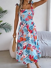 cheap Casual Floral Dresses-Women's Midi Dress Beach Dress A Line Dress Floral Dress Slip Dress Elegant Fashion Modern Outdoor Beach Vacation Regular Fit Floral Sleeveless Square Neck Blue Yellow Green Summer Spring