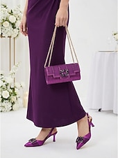 tanie Matka panny młodej/pana młodego-fioletowy satynowy zestaw damski z obcasem i pasującą torebką - elegancki zestaw z paskiem na pięcie, idealny dla matek wybierających się na miejskie wesela