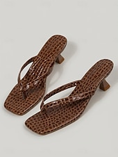 cheap Women-Women's Elegant Brown Croc-Embossed Kitten Heel Sandals - Chic Square Toe Thong Mules for Luxury Hotel Vacations, Poolside Lounging &amp; Summer Resort Dining
