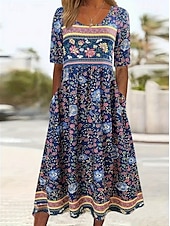 preiswerte Boho Kleider-Damen Midikleid Sommerkleid Urlaub Lässig Boho Täglich Strand Normale Passform Blumen Halbarm Rundhalsausschnitt Blau Rote Dunkelblau Beige Sommer Frühling