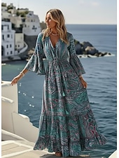 preiswerte Urlaubs Boho Kleid-Damen Maxikleid Boho-Kleid Freizeitkleid Schwingkleid A Linie Kleid Vintage Lässig Täglich Normale Passform Blumen Langarm V Ausschnitt Blau Rote Purpur Orange Sommer Frühling Herbst