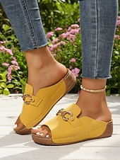 cheap Slide Sandals-Women's Yellow Open-Toe Mule Slides with Chain – Comfortable Casual Sandals for Daily, Garden Wear and Travel Wear