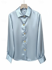 baratos Blusas Simples-Women's Shirt Button Down Shirt Casual Shirt Buttons Plain Stylish Classic Modern Long Sleeve Shirt Collar Regular Tops Daily Holiday Going out Wine Fuchsia Light Blue Summer Spring