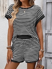 cheap Women's Blouse Suits-Women's Two Piece Sets Shorts Sets Short Sleeve Crew Neck Striped Fashion Streetwear Casual Daily Outdoor Black Pink Dark Pink Summer Regular Fit