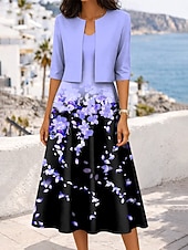 baratos Vestido Floral-Mulheres conjunto de vestido Vestido A Line Elegante Casual Floral Gráfico Multi Camadas Imprimir Vestido midi Meia Manga Decote V Diário Azul Rosa Roxo Verão Primavera Normal