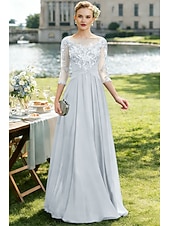 economico Lunghezza del pavimento-Linea ad A Lunghezza al pavimento Abito da invitata a nozze Abito Formale Abito da sera Abito da cerimonia per signora Manica 3/4 Collo gioiello Elegante Ricevimento di matrimonio Chiffon Pizzo con
