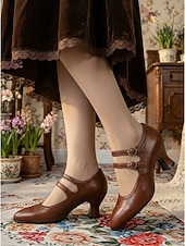 ieftine Victorian și Edwardian-Pantofi cu toc Mary Jane verzi, în stil victorian vintage pentru femei - pantofi eleganți cu toc dublu și barete mici &amp;detalii brogue pentru petreceri cu ceai, evenimente retro &amp;ocazii formale