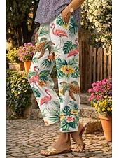 baratos Graphic Pants-Women's Slacks Straight Vacation Casual Full Length Natural Floral Graphic Tropical Pocket Printing Elastic Drawstring Design Comfy Comfort Comfortable Micro-elastic Outdoor Vacation Street White
