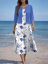 ieftine rochie florală-Pentru femei Set de rochii Rochie A line Elegant Casual Floral Grafic Multistratificat Imprimeu Rochii Midi Manșon Jumate În V Zilnic Albastru piscină Galben Mov Vară Primăvară Fit regulat