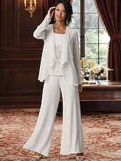 abordables Trajes de pantalón de mamá-Traje de pantalón Traje de 3 piezas Hasta el Suelo Vestido de Madrina Sin Mangas Barco de cuello Elegante Talla Grande Bolero incluido Formal Invitado a la boda Gasa con Encaje
