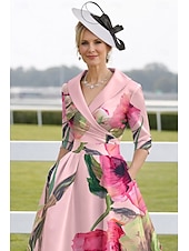 abordables Longueur du thé-Ligne A Longueur thé Robe de Soirée Robe de Cocktail Robe d'invité de mariage Robe de Mère de Mariée  Demi Manches Revers Élégant Kentucky Derby Satin avec Imprimé floral