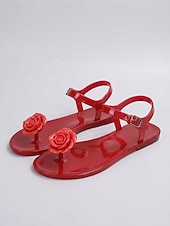 abordables Femmes-Sandales en plastique jaune pour femmes - sandales de plage romantiques et imperméables avec décoration de roses en 3D &amp;Bride de cheville ajustable pour les vacances d'été, les escapades sur les îles