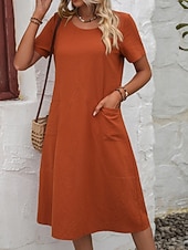 cheap Plain Dress-Women's Midi  Faux Cotton Linen  Dress A Line Dress Summer Dress Casual Daily Loose Fit Plain Short Sleeve Crew Neck Black Orange Army Green Apricot Summer