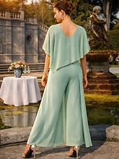 abordables Combinaisons pour maman-Combinaisons Longueur cheville Robe de Mère de Mariée  Sans manches Col Rond Élégant Fête Formel robe demoiselle d honneur Chiffon avec Perlage