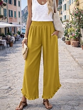  Mulheres Calças de linho de algodão Perna larga chinês Férias Roupa de rua Básico Comprimento total Cintura Média Tecido Bolsos Cintura elástica Confortável Respirável Sem Elasticidade Diário Ao ar