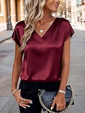voordelige Effen t-shirt-Dames satijnen top T-shirt Effen Elegant Modieus Stijlvol Korte mouw V-hals Normale tops Dagelijks Uitgaan Weekend Champagne Goud Wijn Rood Koffie Zomer Lente