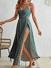 Χαμηλού Κόστους Boho φορέματα-Γυναικεία Μίντι φόρεμα Φόρεμα Boho Καθημερινό φόρεμα Σλιπ Φόρεμα Κομψό Μοντέρνα Διακοπές Εξόδου Σαββατοκύριακο Κανονικό Γεωμετρικό Αμάνικο Λαιμόκοψη V Μαύρο Κίτρινο Μπορντώ Πράσινο του τριφυλλιού