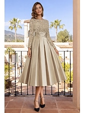 economico Abiti da cocktail-Linea ad A Lunghezza Tè Abiti da Cocktail Abiti da festa Elegante Brillanti Manica Lunga Girocollo Natale Ospite di nozze Raso Velluto con Pieghe Paillettes