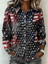  Día de la Independencia Camiseta para Mujeres Americana Botones Impresión Gráfica Aniversario de América Vintage Elegante Moderna de Manga Larga Cuello Cuello Regular Tops Diarios Negro Rojo Celeste