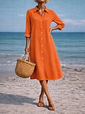 tanie Podstawowe sztuczne sukienki-Damskie Sukienka midi Sukienka koszulowa Codzienne sukienki Sukienka A line Sukienka z imitacji lnu Moda Podstawowy Nowoczesny Codzienny Urlop Wyjściowe Regularny Równina Długi rękaw Kołnierzyk