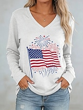  día de la independencia americana Mujer Camiseta Camiseta superior Estampado Graphic Bandera estadounidense Elegante Clásico Casual Manga Larga Escote en Pico Tops regulares Diario Noche Fin de semana